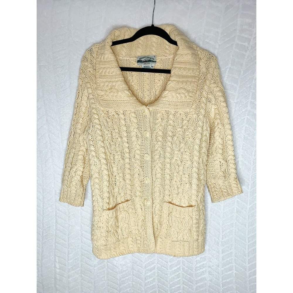 Aran Crafts Cardigan Sweater Cable Knit Merino Wool Button Front Cream- M
